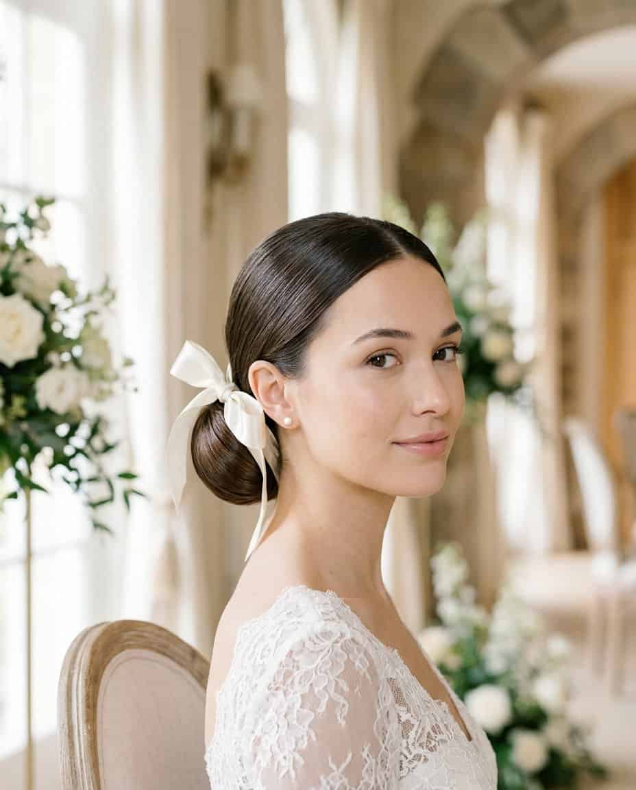 Side profile of a woman with hair drawn smooth into a low bun at the nape, a hand-dyed silk ribbon trailing down the back against a softly blurred background.
