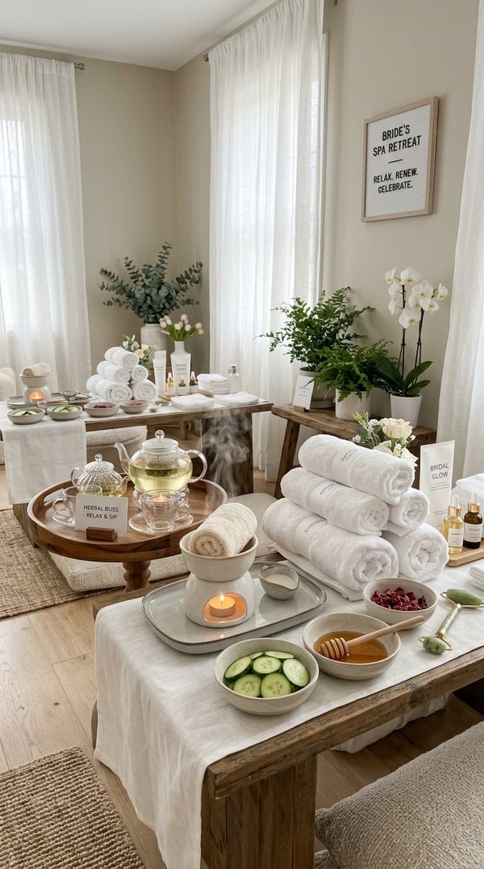 A home spa setup with a wooden tray holding rolled towels, glass jars of cotton rounds, small mirrors, and two steaming mugs of herbal tea on a bright linen surface.