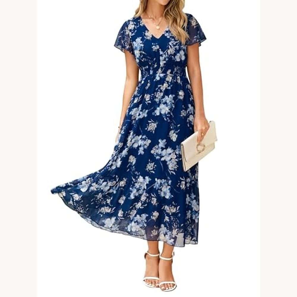 Blue Floral Flutter-Sleeve Dress