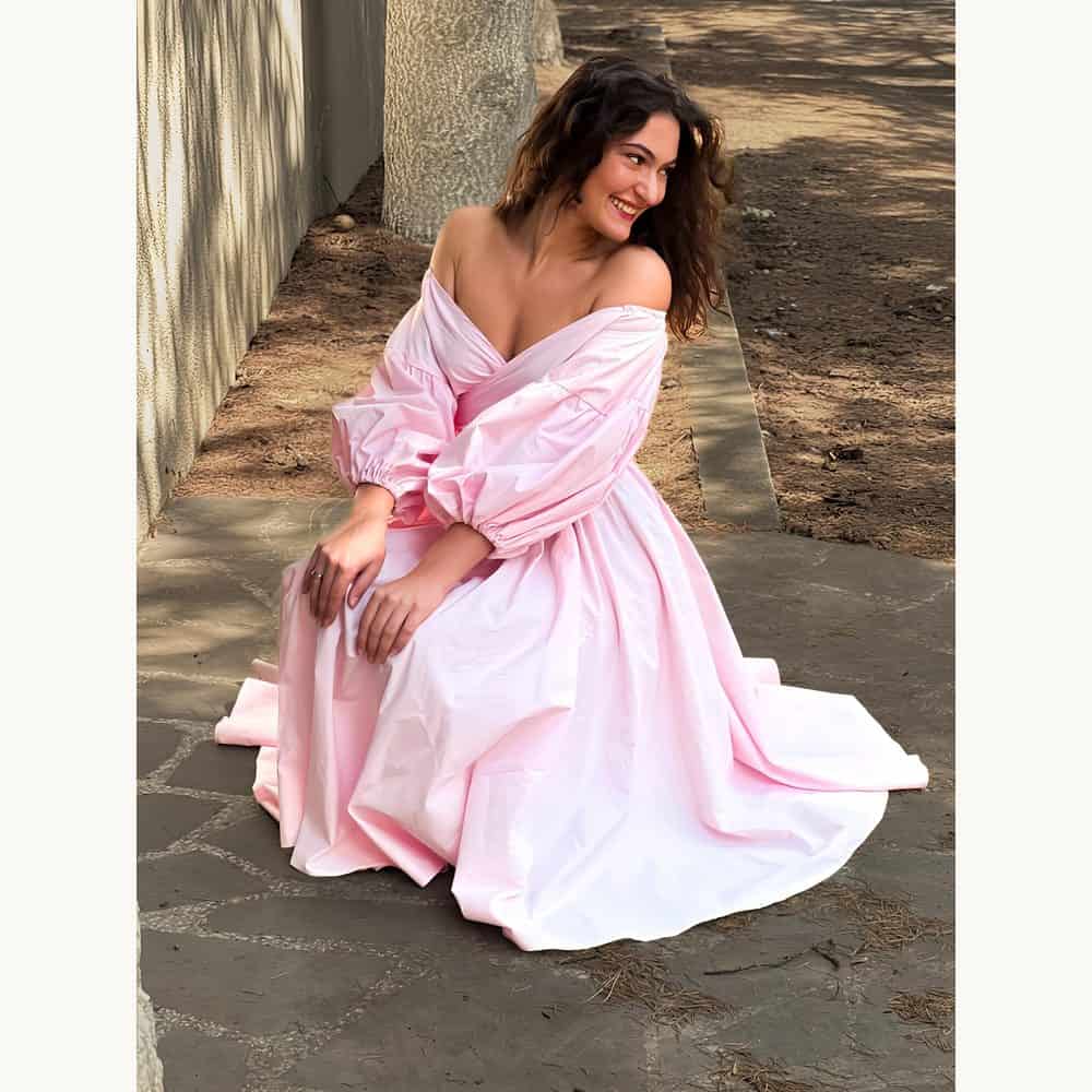 Blush Off-Shoulder Puff-Sleeve Midi