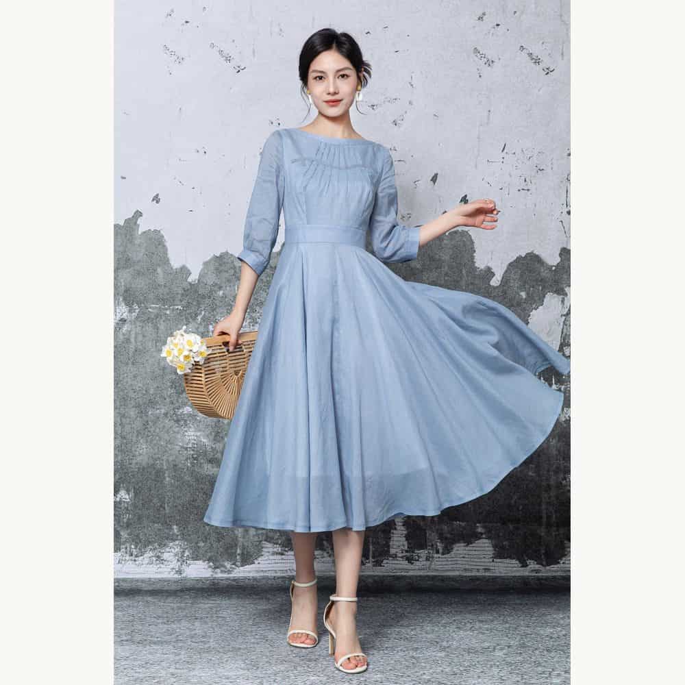 Dusty Blue Pleated-Neck Linen Dress