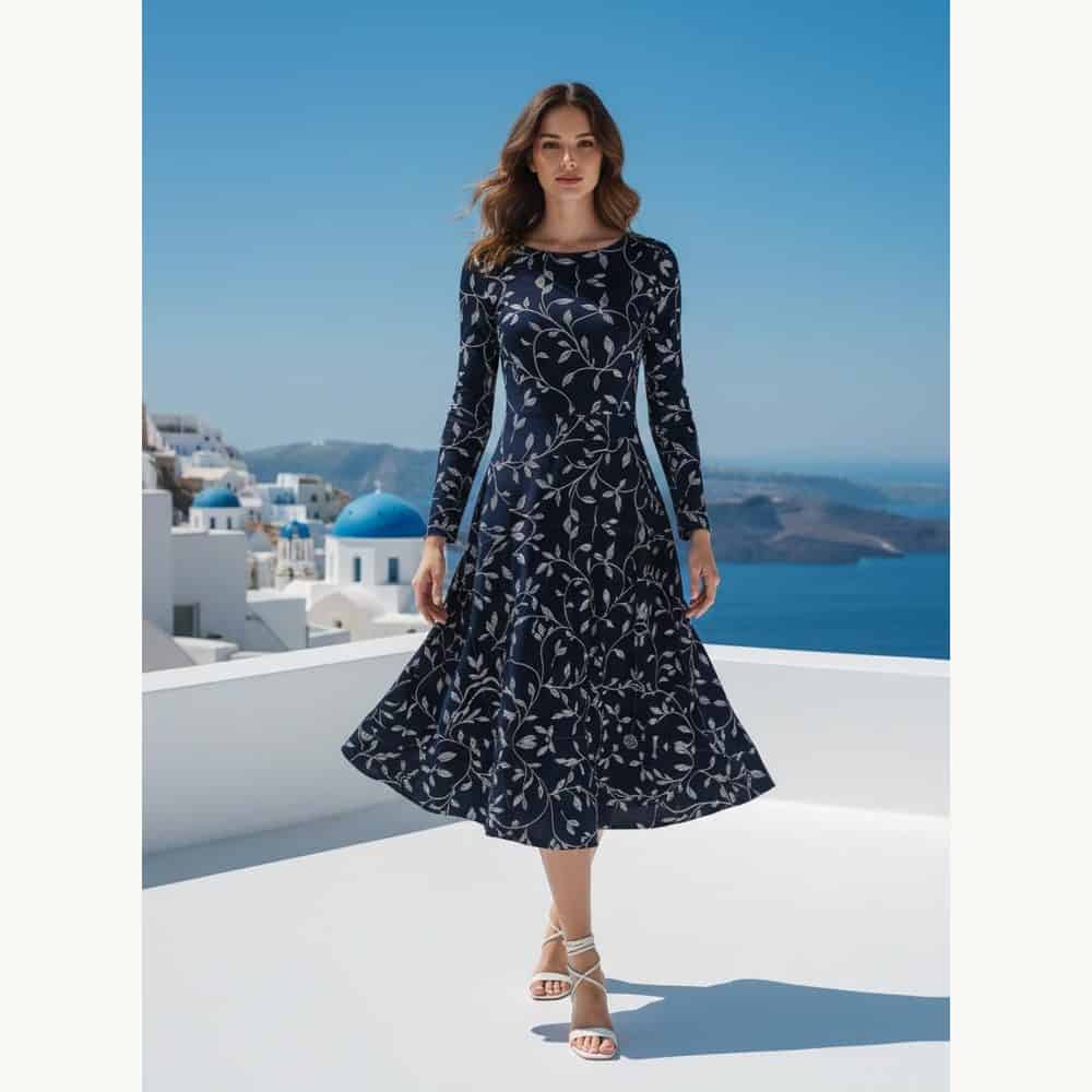 Navy Floral Long-Sleeve Midi