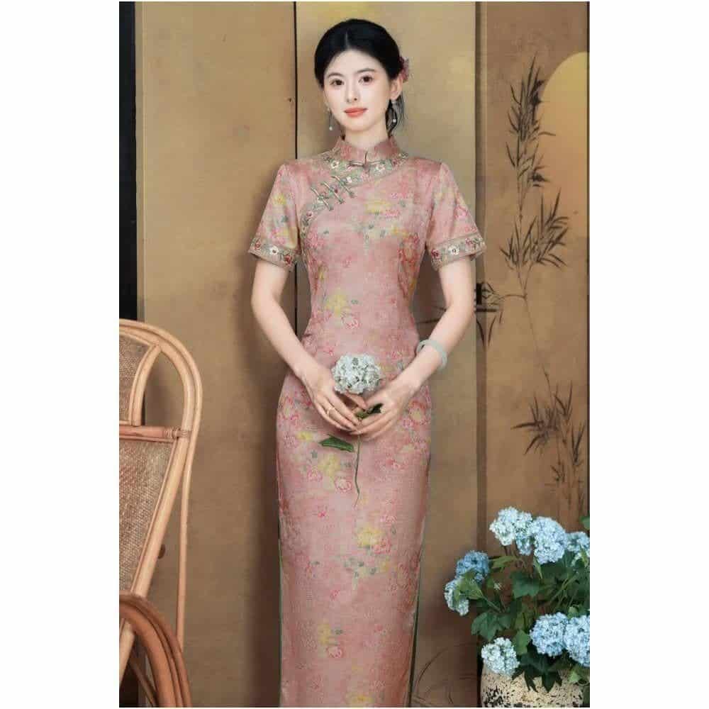 Pink Floral Qipao Midi