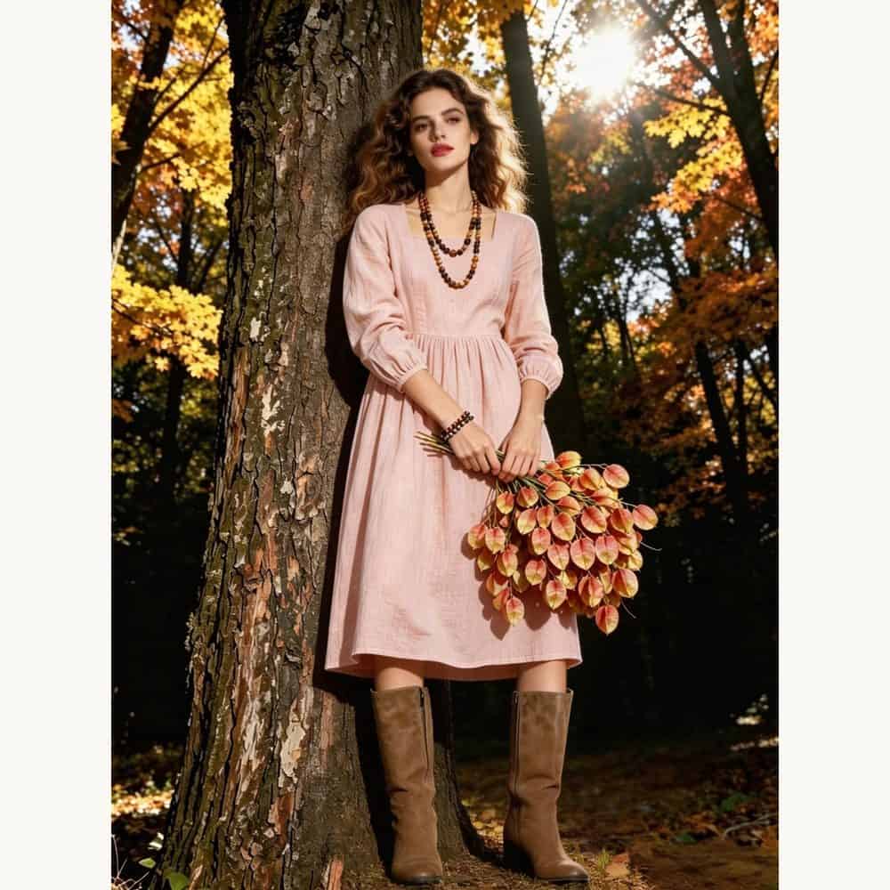 Pink Square-Neck Linen-Blend Midi