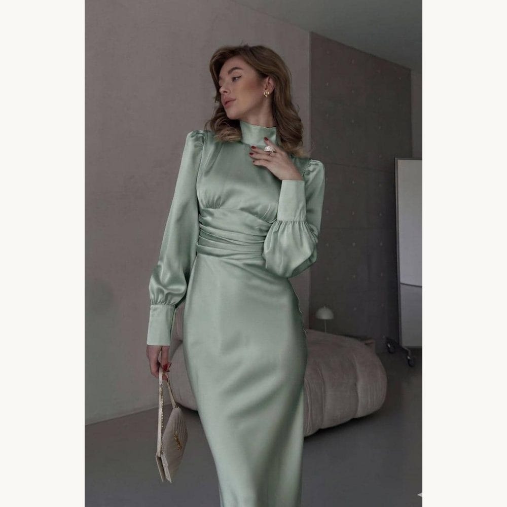 Sage Satin High-Neck Midi