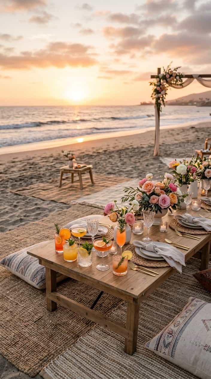 A beach picnic setup at golden hour with layered woven rugs, low wooden tables, scattered shells and driftwood, and glasses of citrus cocktails catching the light.