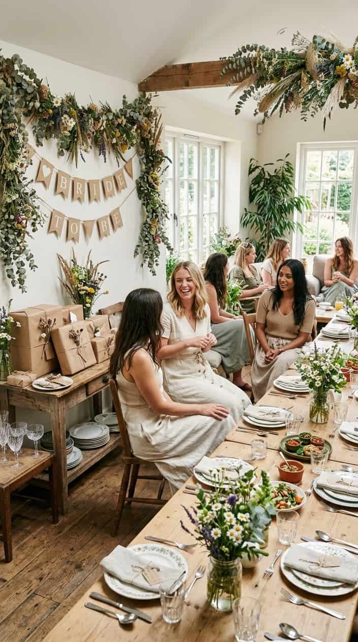 A bright indoor bridal shower with potted plants as centerpieces, gifts wrapped in brown kraft paper with twine, clearly labeled compost and recycling bins, and porcelain tableware from a rental set.