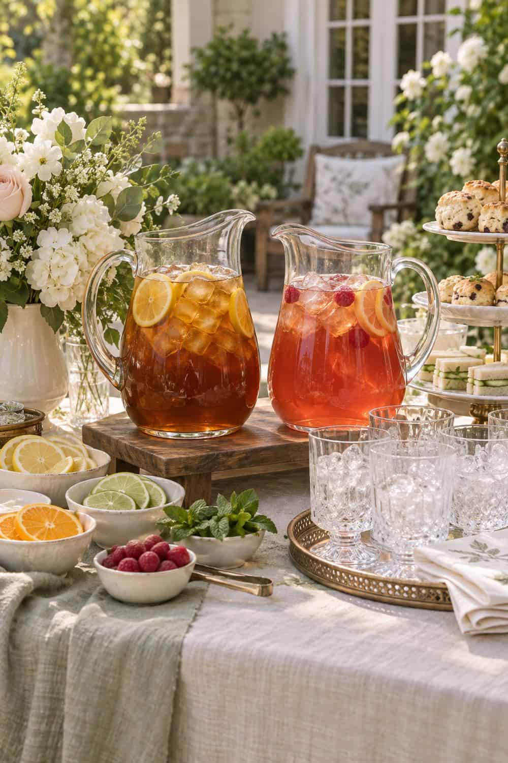 tea-party drink station with two clear pitchers of amber and pale-red iced tea, glasses and citrus slices, no readable text