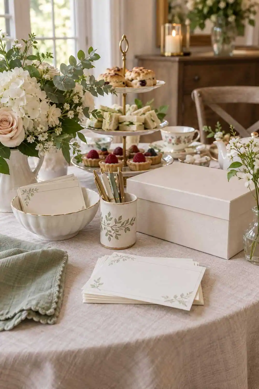 tea-party side table with blank recipe cards, pens and plain keepsake box, no readable text