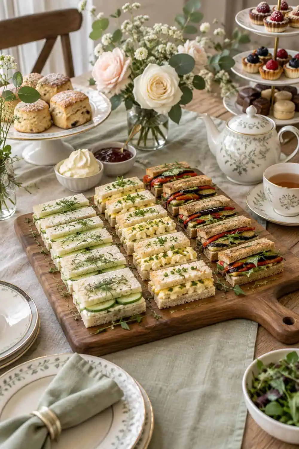 wooden serving board with neat rows of cucumber, egg and roasted-vegetable finger sandwiches at tea party