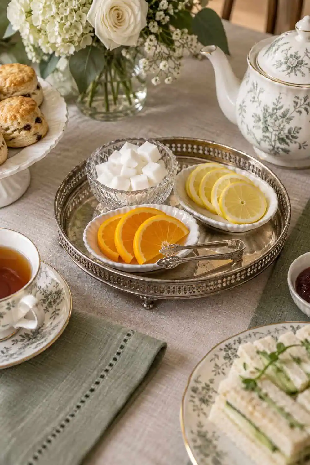 small tea service tray with white sugar cubes, lemon wheels, orange slices and tiny tongs