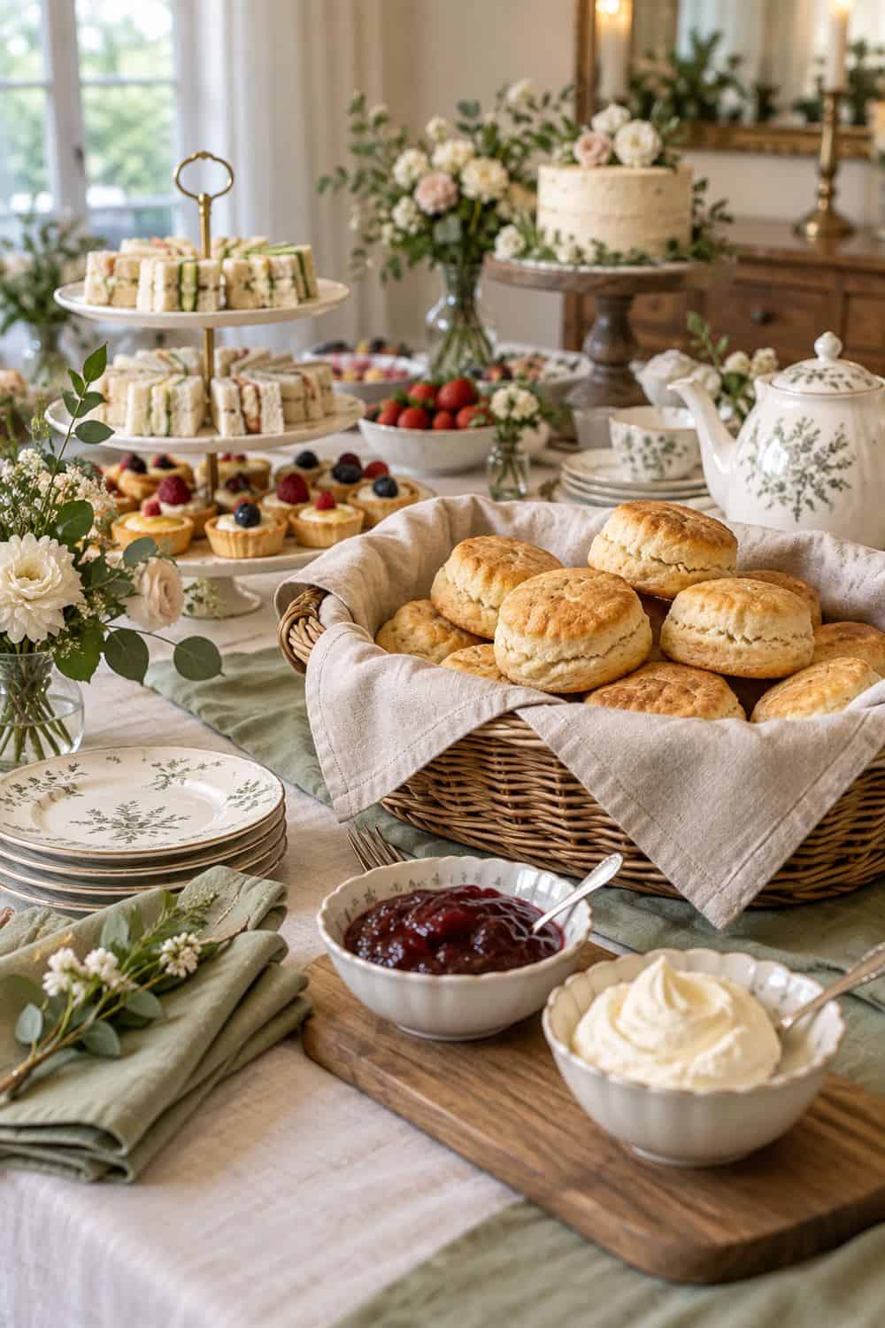 tea-party buffet with linen-lined basket of plain scones, small bowls of jam and cream, no readable text