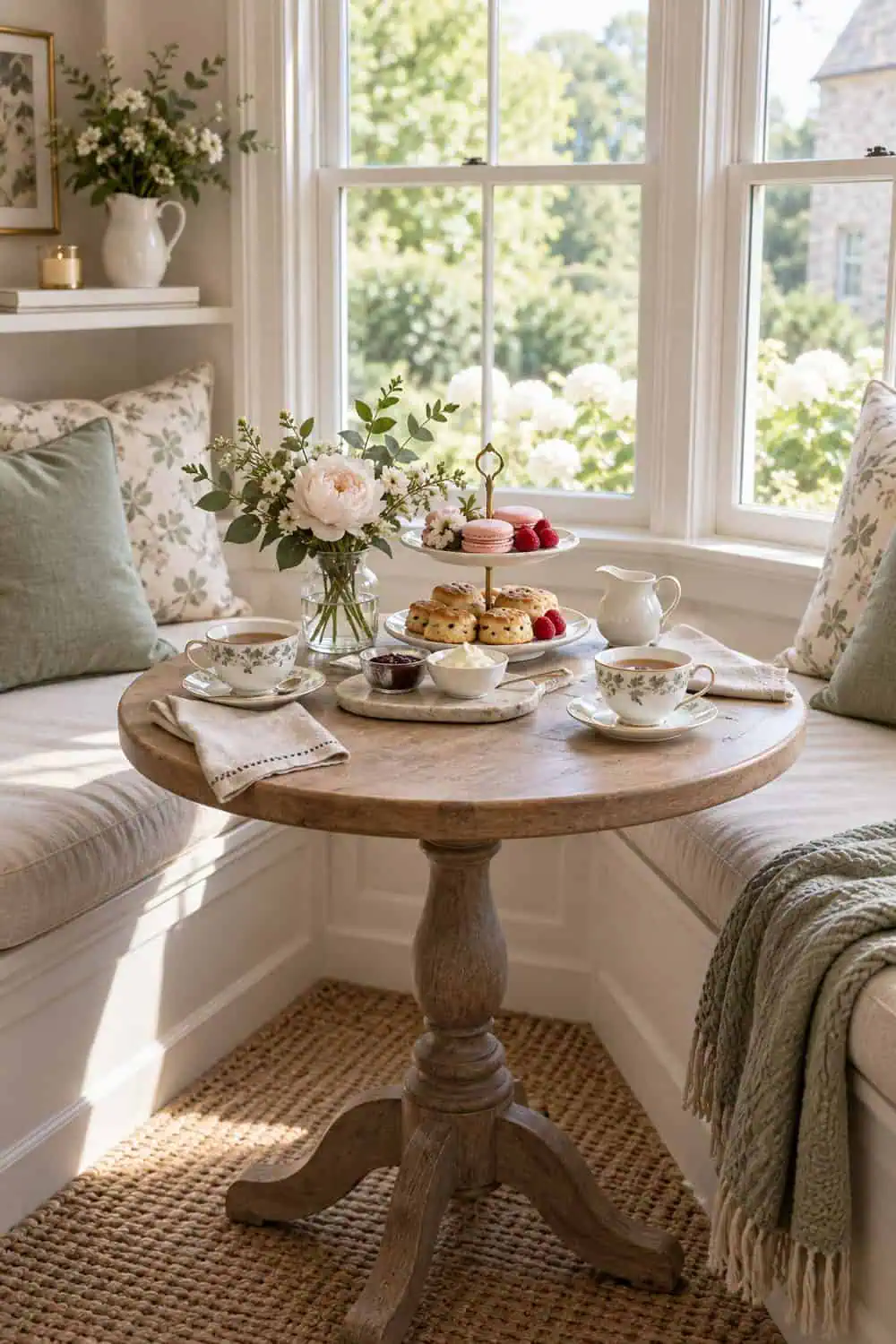 bright window seat arranged for two adults with teacups, small tray, firm cushions and simple flowers