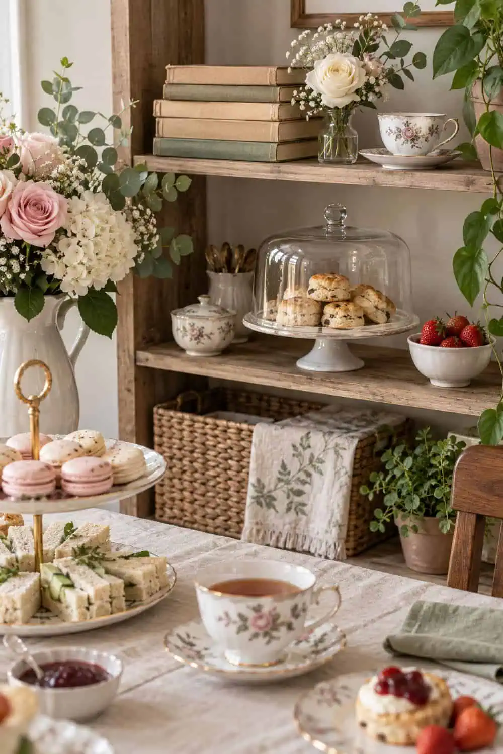tea-party shelf with modest stack of plainly wrapped used books and floral teacup, no readable text