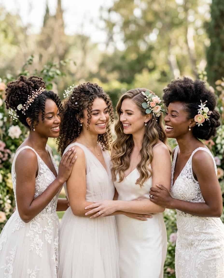 A group of brides with natural textured wedding hairstyles featuring varying volumes and soft floral accessories, smiling and posing together.