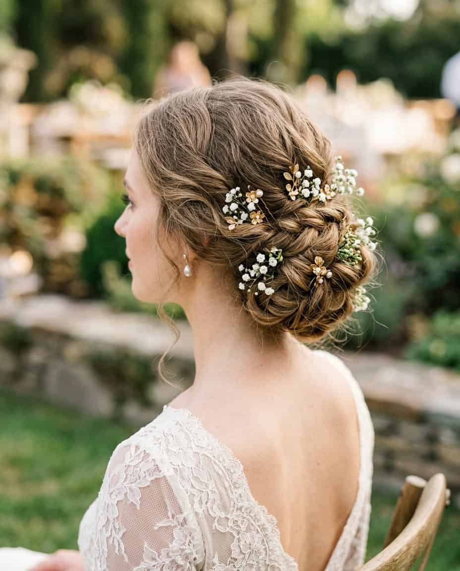 Close-up of a loosely pinned chignon with small white baby's breath sprigs and slim gold pins woven through soft waves at the nape.