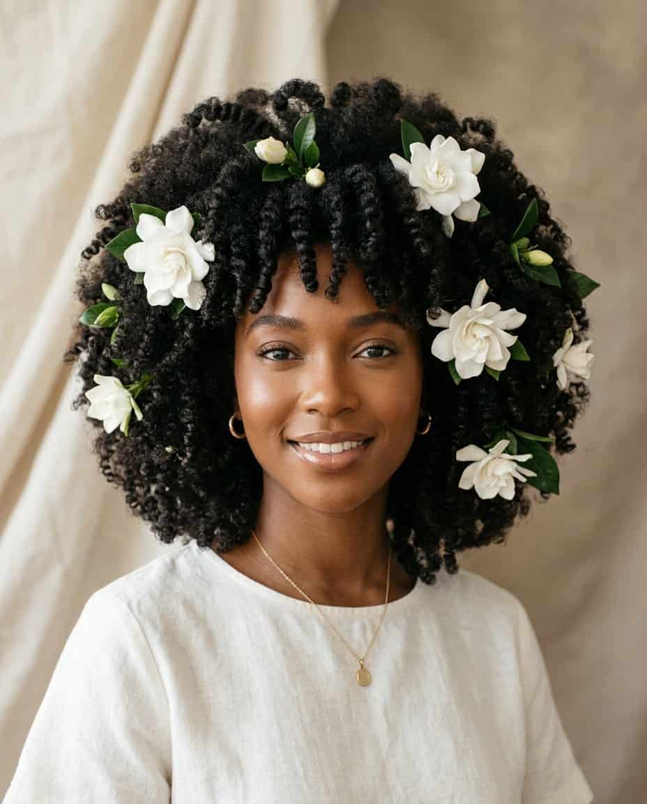 A woman with a full, rounded twist-out afro, white gardenia blooms tucked along one side of the crown, against a neutral background.