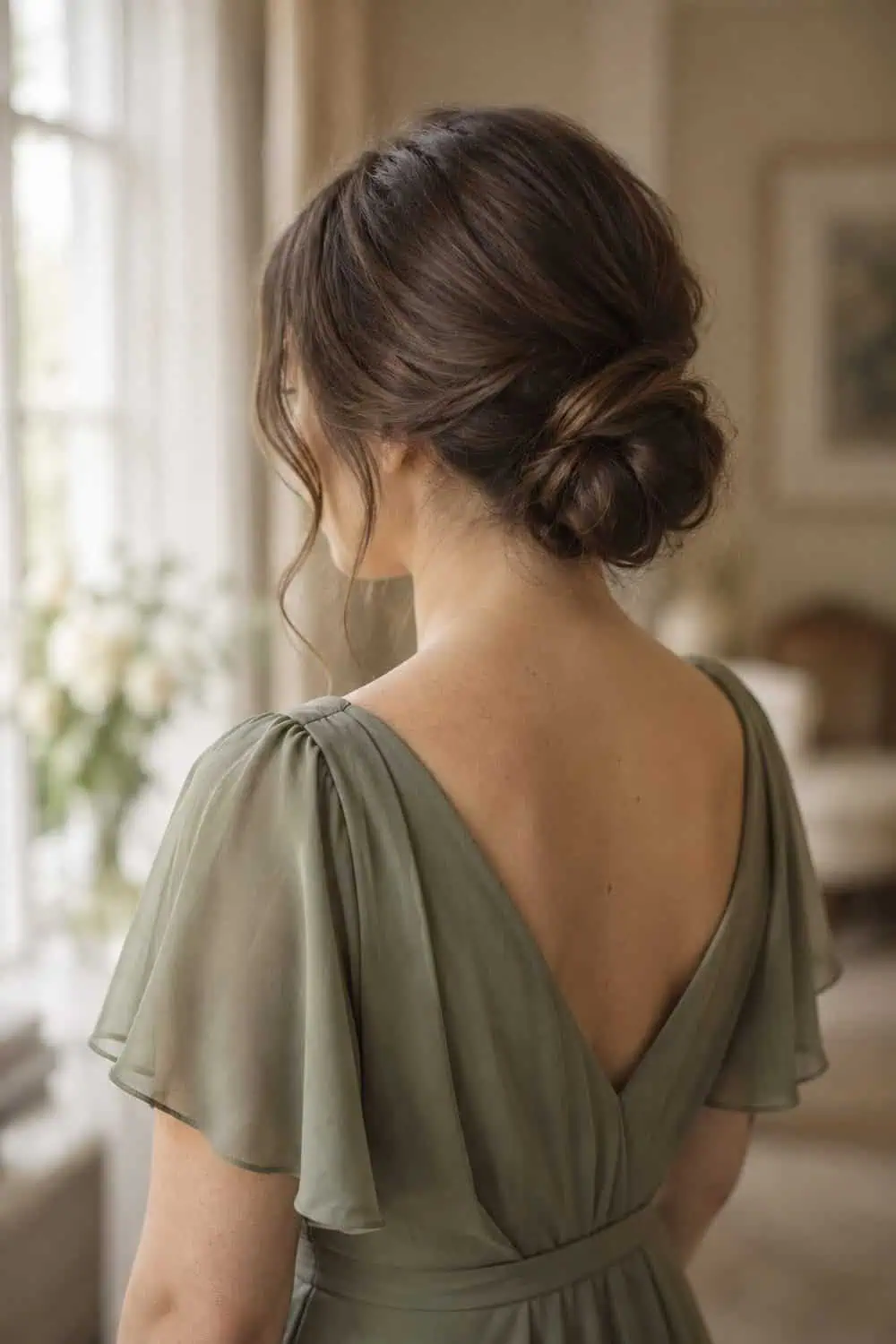 Low twisted bun on dark brown hair, seen from behind
