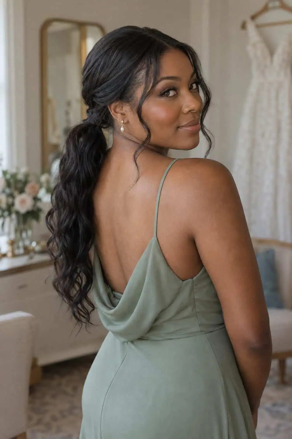 Textured Low Ponytail with Face Framing wedding inspiration
