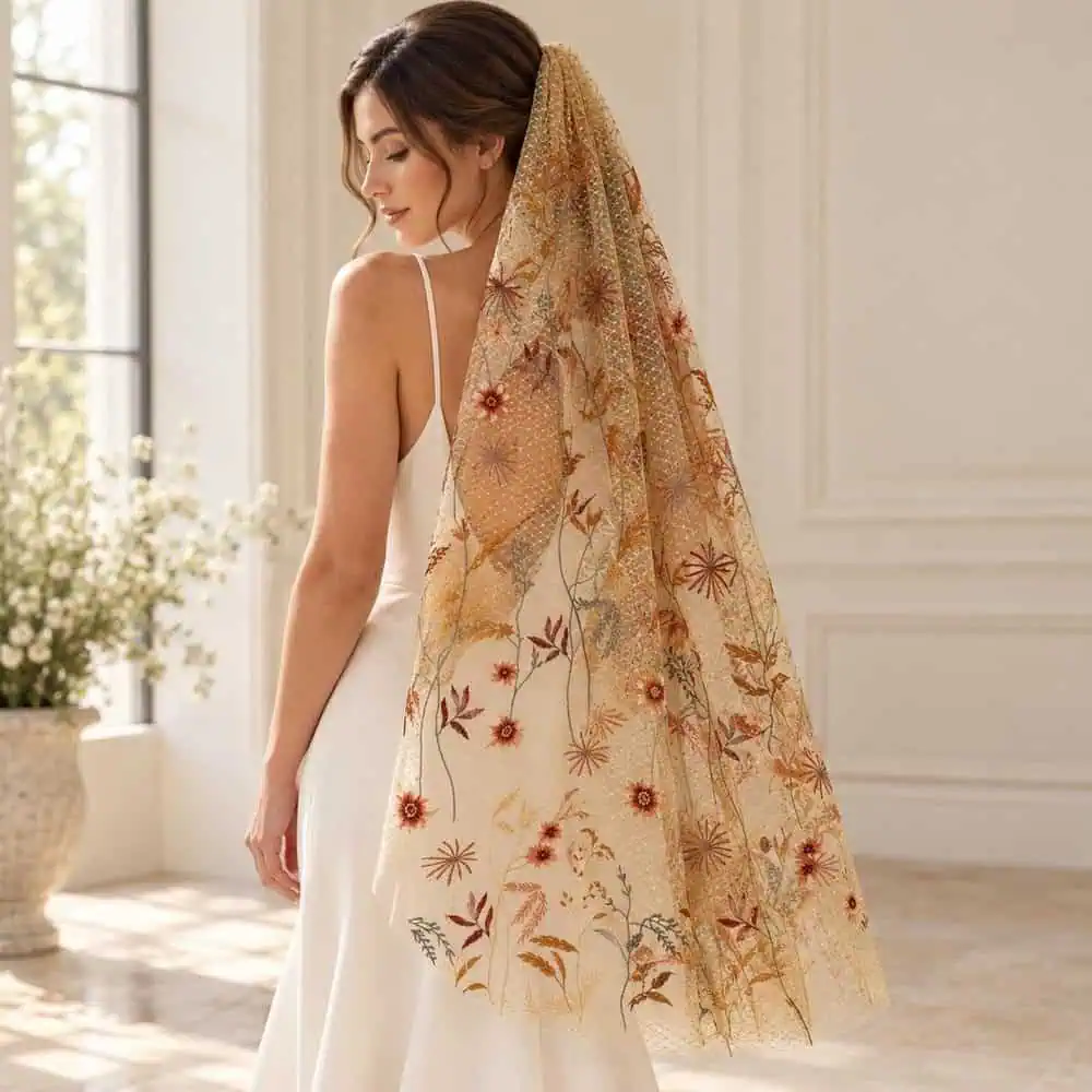 Autumn Gold Floral Embroidered Veil