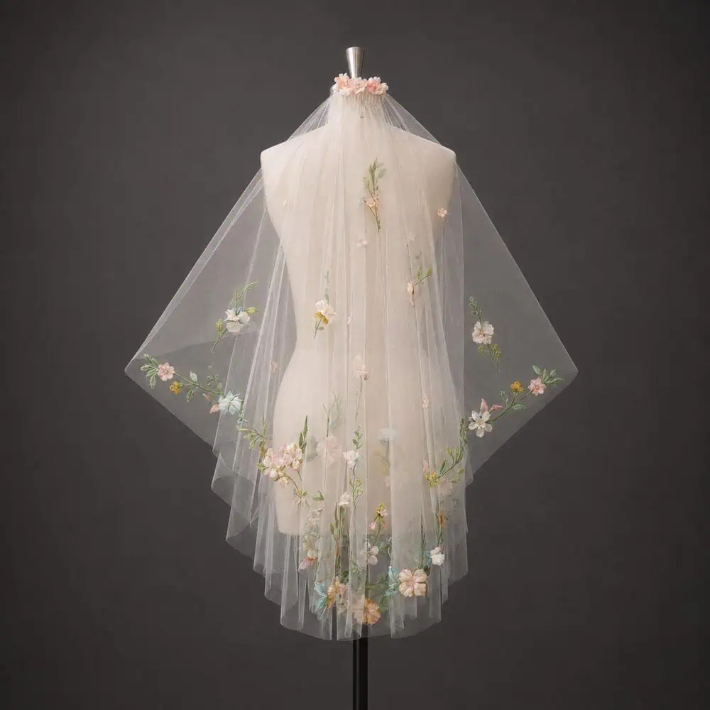 Colorful 3D Floral Two-Tier Veil