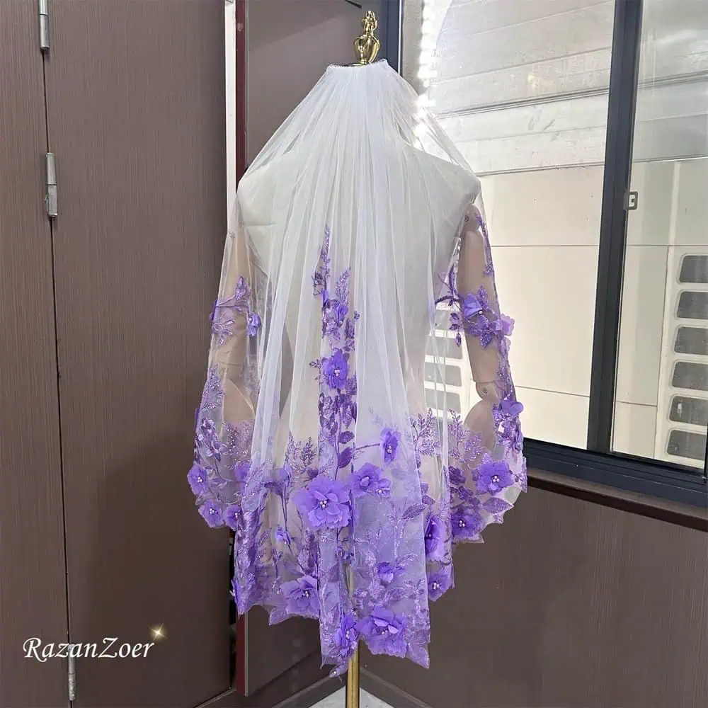 Lavender Floral-Lace Pearl Fingertip Veil