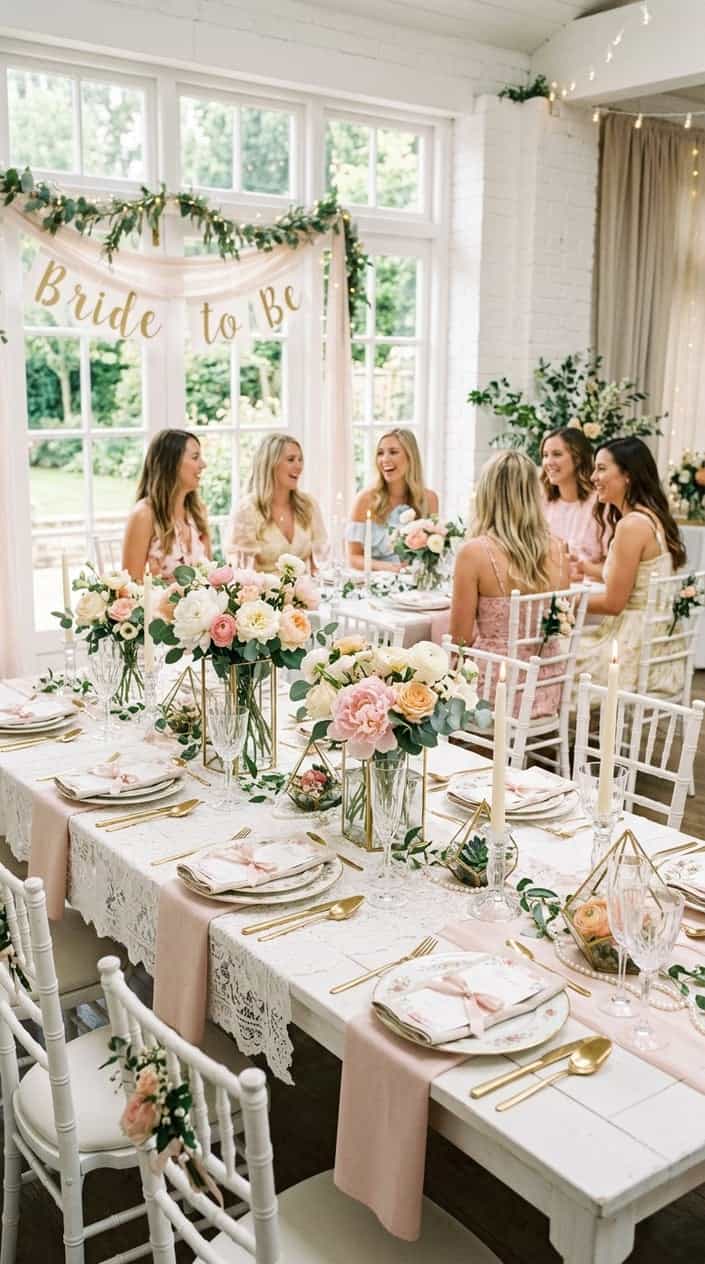 A bridal shower table with layered pastel florals in low vessels, tapered candles in mixed heights, vintage china, and a single modern neon sign visible in the background.