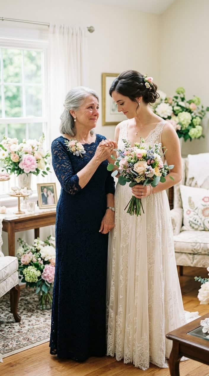 A mother and daughter holding hands, sharing an emotional moment indoors with soft natural light and blush floral arrangements in the background.
