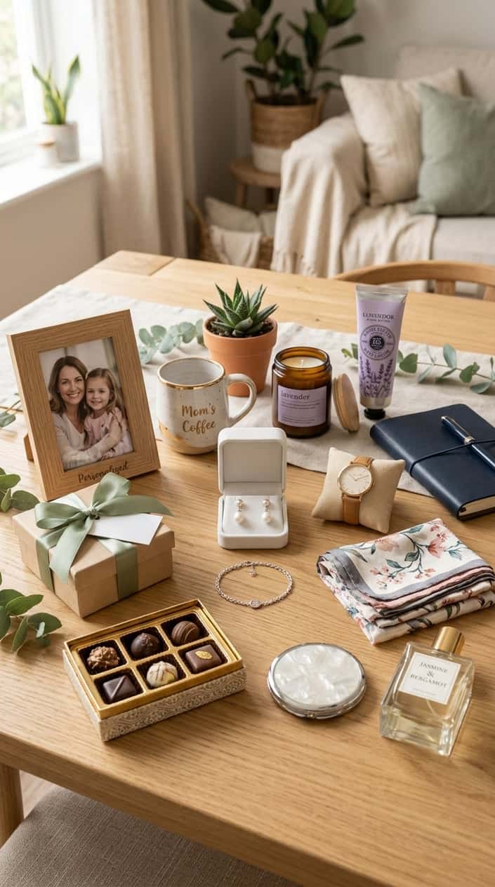 A neatly arranged flat lay of mother-of-the-bride gift candidates including jewelry, a small candle, a compact mirror, hand cream tubes, a scarf, and a pearl bracelet on a warm-toned wooden surface.