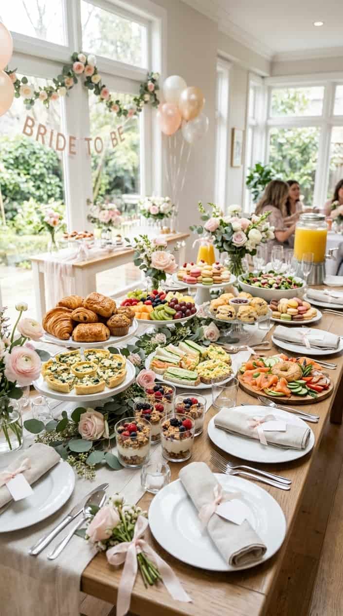A bridal shower brunch buffet table set with layered dishes, fresh flower arrangements, and white ceramic serving pieces in a light-filled room.