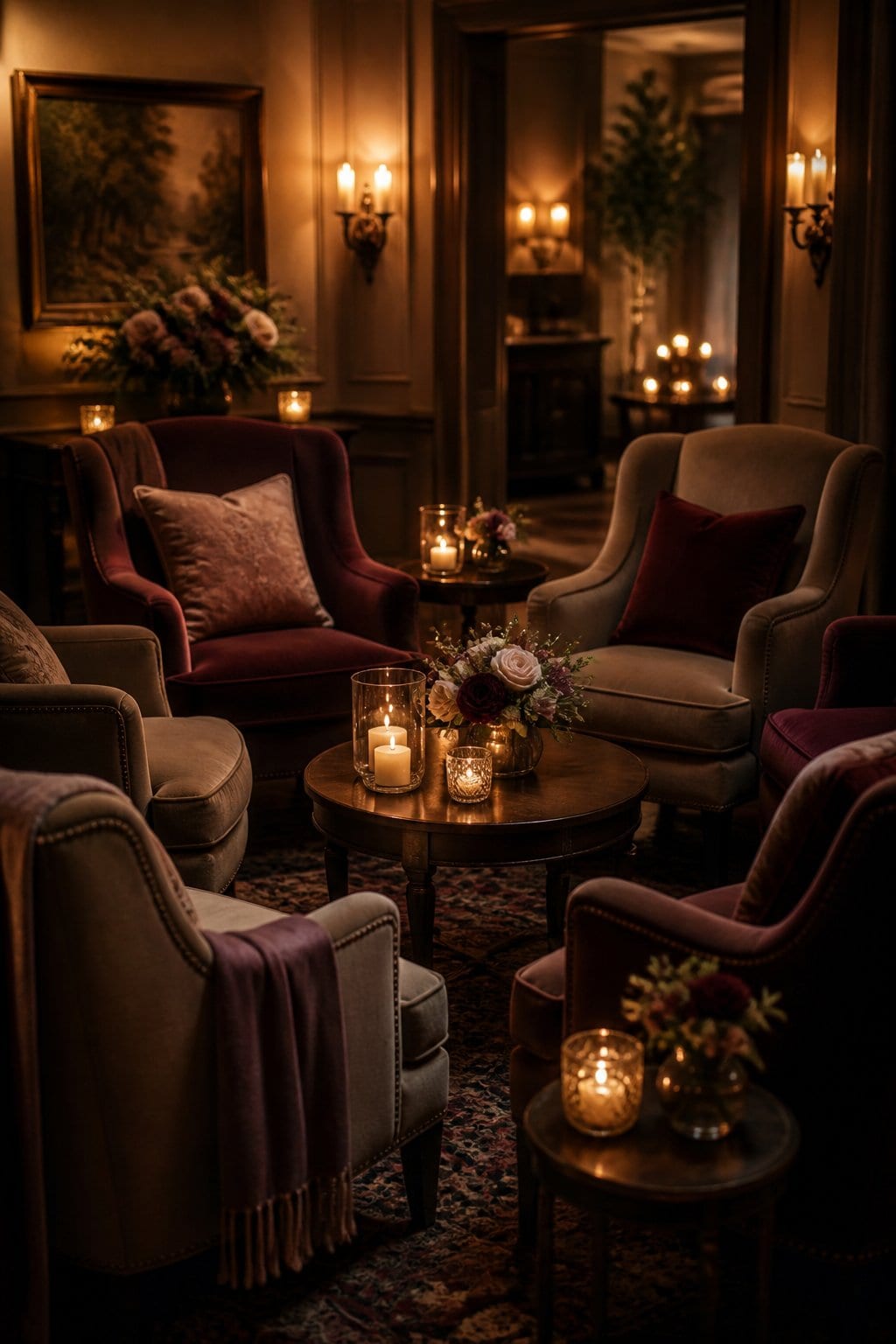 Six low armchairs arranged in a loose circle around a low table, lit by candles in glass hurricane holders and a pair of soft wall sconces