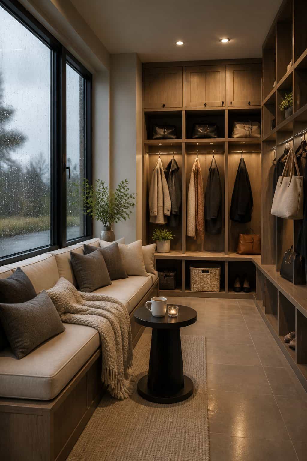 A small entry room with a wooden peg rail for coats, woven baskets labeled and arranged on a low shelf, a bench with folded throw blankets, and rain-streaked windows visible in the background