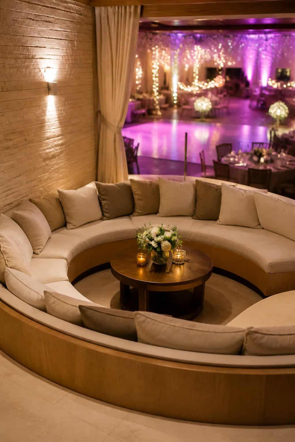 A curved banquette seating nook with plush ivory cushions and a low round side table, positioned to face a softly lit dance floor from a comfortable distance