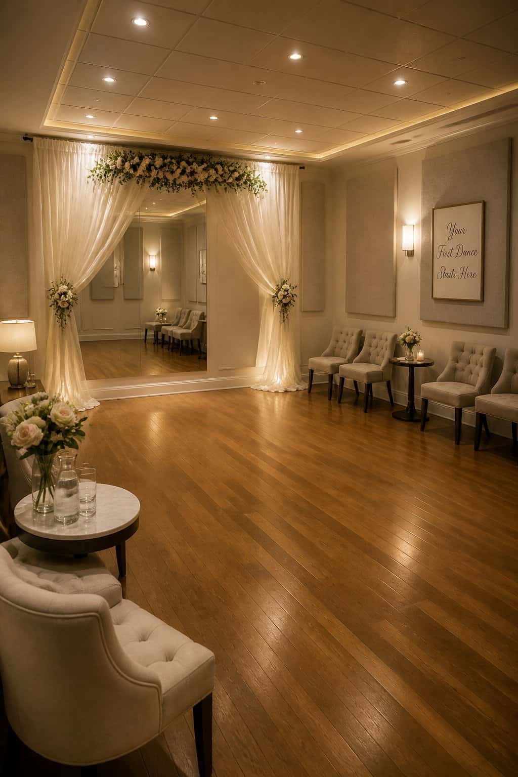 A small rehearsal room with warm wood floors, soft dimmable overhead lighting, a single cushioned bench along one wall, and a clear open center floor for dancing