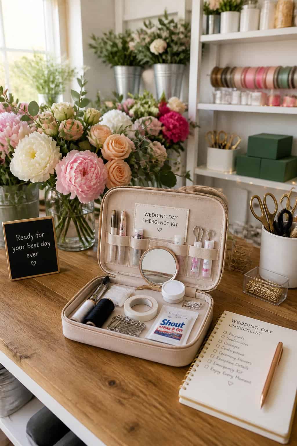 A florist prep room with a wooden counter holding fresh blooms in water buckets, rolls of floral tape, a pair of pruning shears, and a small open emergency kit with safety pins and stain wipes