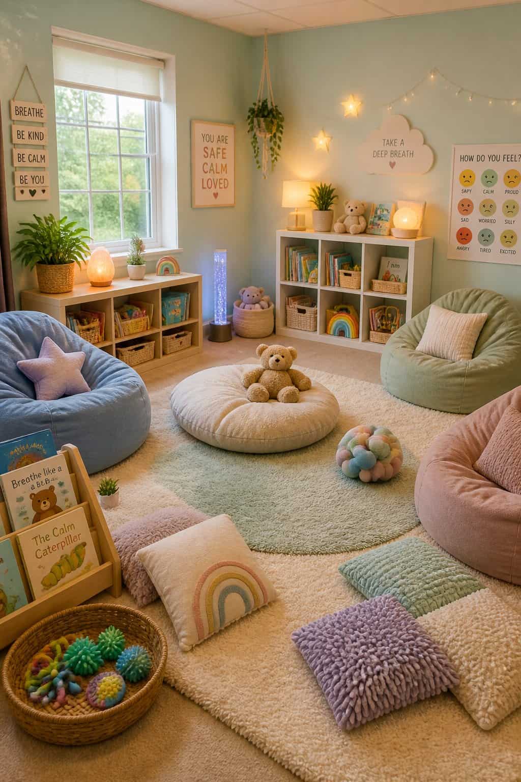 A low carpeted children's corner with a small fabric canopy, bean bag chairs, a shelf of board books, and soft plush toys arranged neatly on a pastel rug