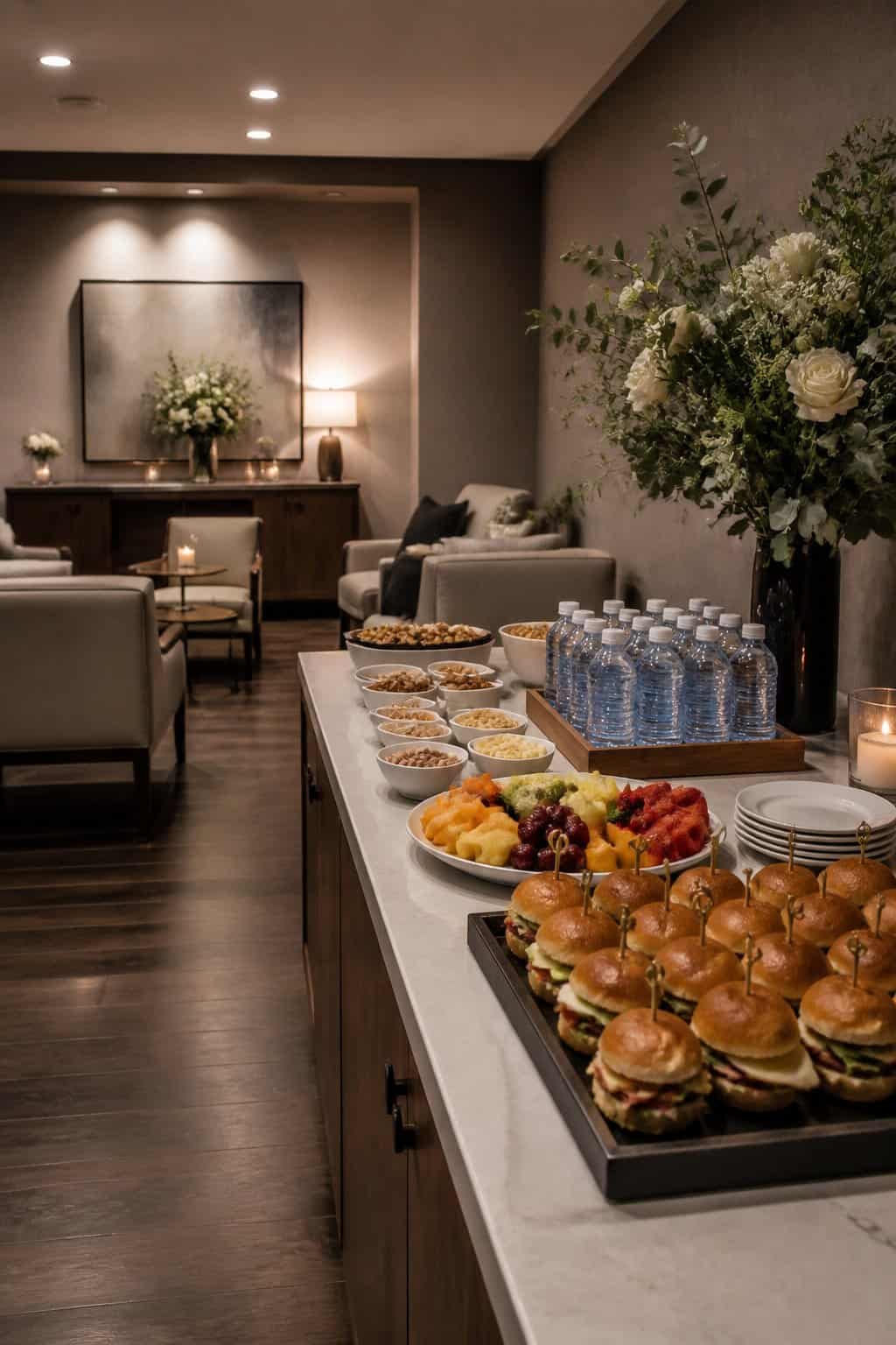 A side room with two long tables draped in linen runners, trays of small sandwiches and packaged snacks, a compact coffee station, battery-operated candles, and a trash bin at each end