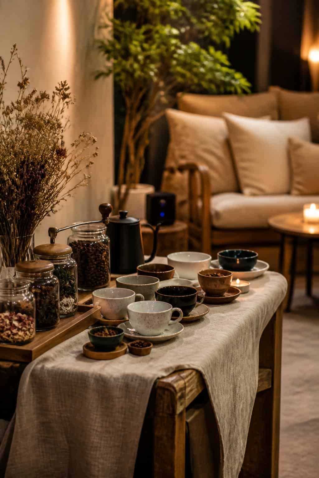 A small round table draped in natural linen, stacked with mismatched ceramic cups, a coffee urn, and small glass jars, lit by a single warm-toned table lamp