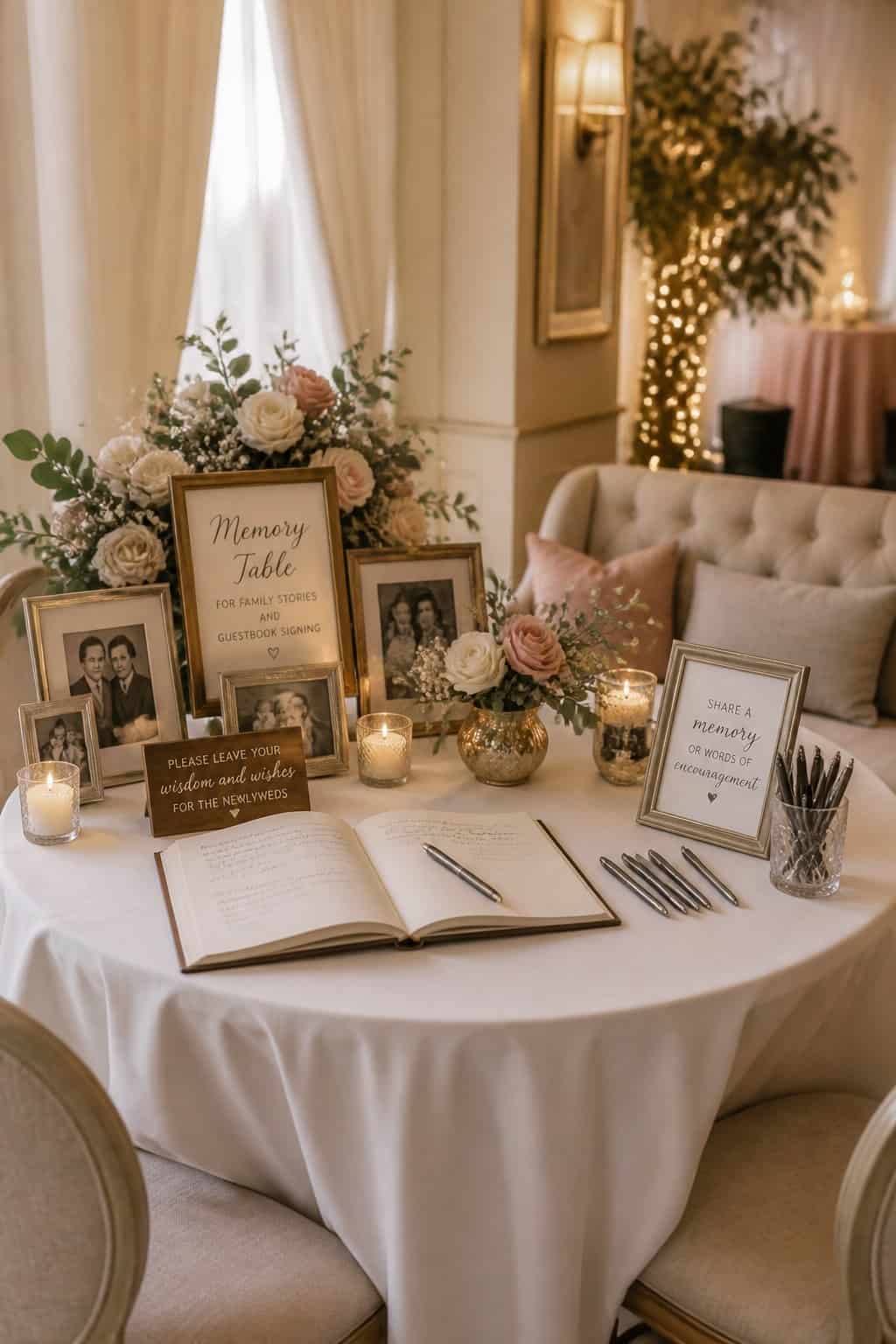 A small intimate room with a long wooden table lined with framed family photos, low votive candles, a single floral runner, and an open leather-bound guestbook centered at the near end