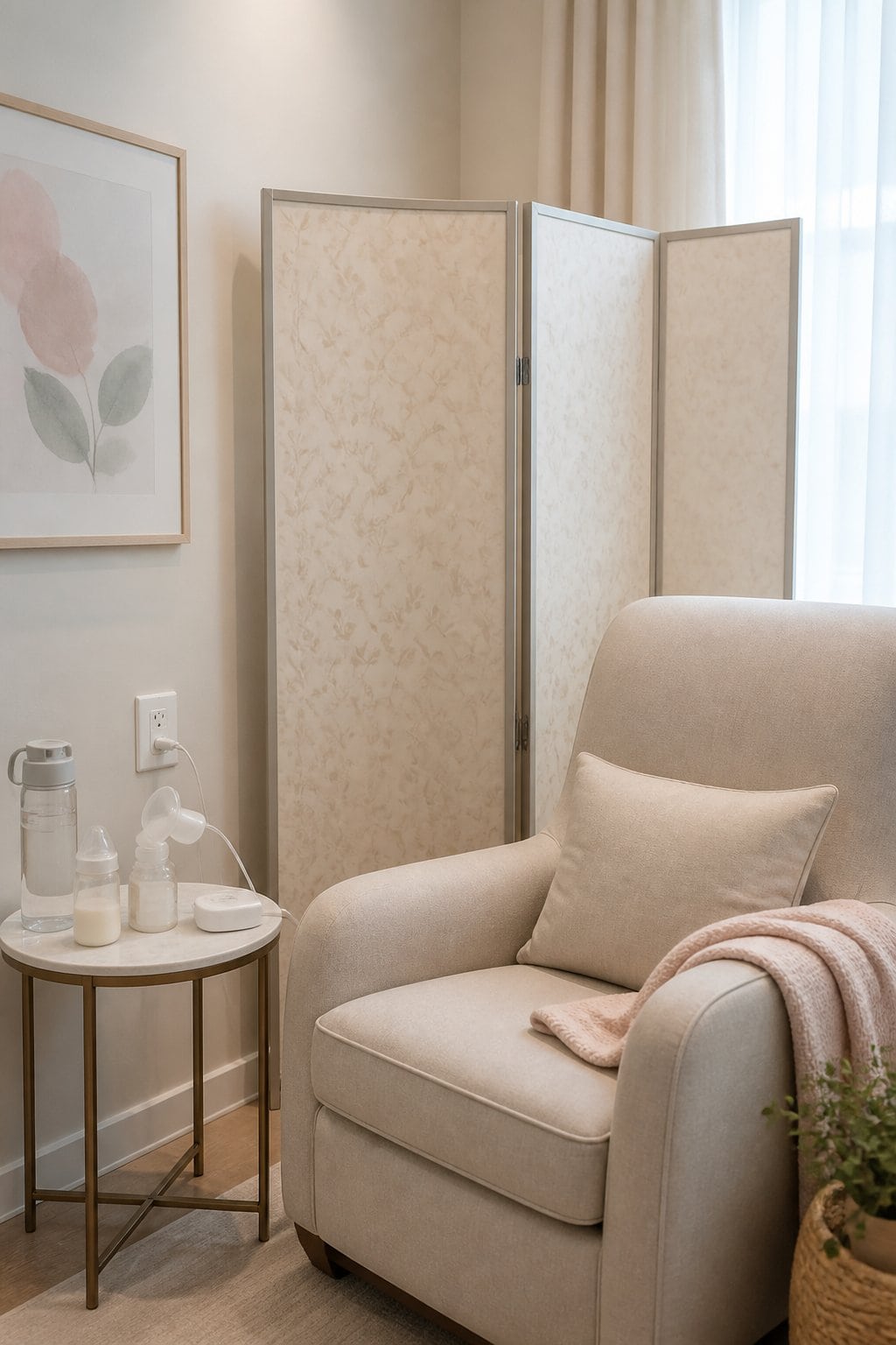 A small nursing suite with a cushioned glider chair, a folded cream throw across the armrest, and a tall white freestanding privacy screen in a softly lit room