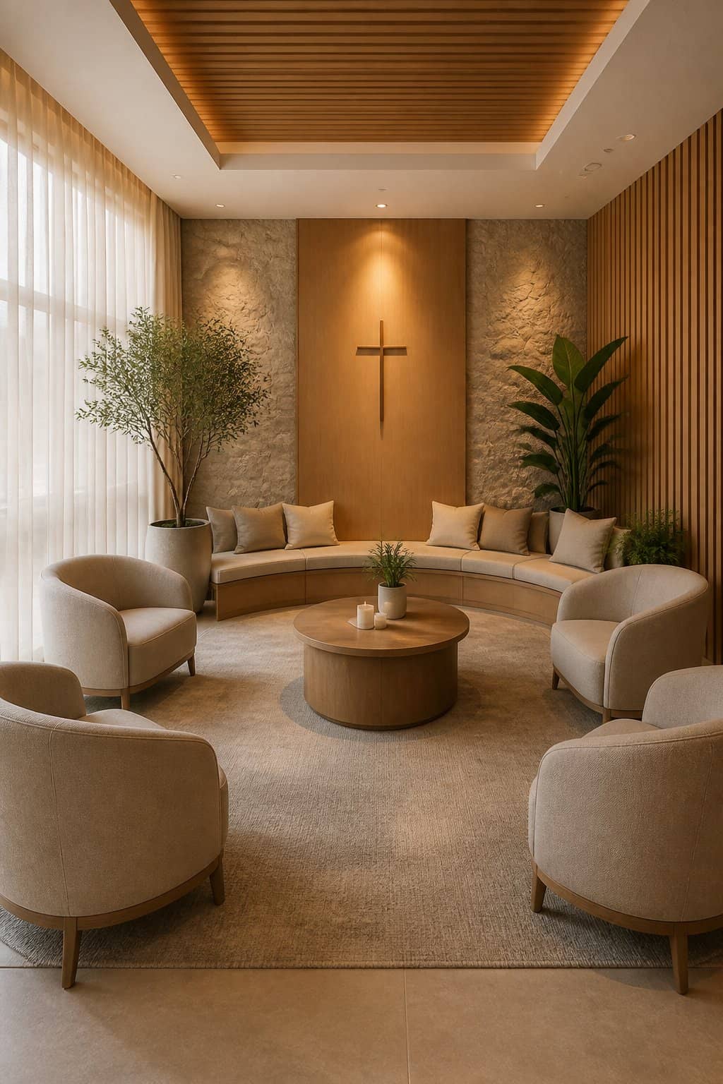 A quiet alcove with two upholstered armchairs on a wool rug, a small table with a single votive candle, and a discreet handwritten sign asking for silence