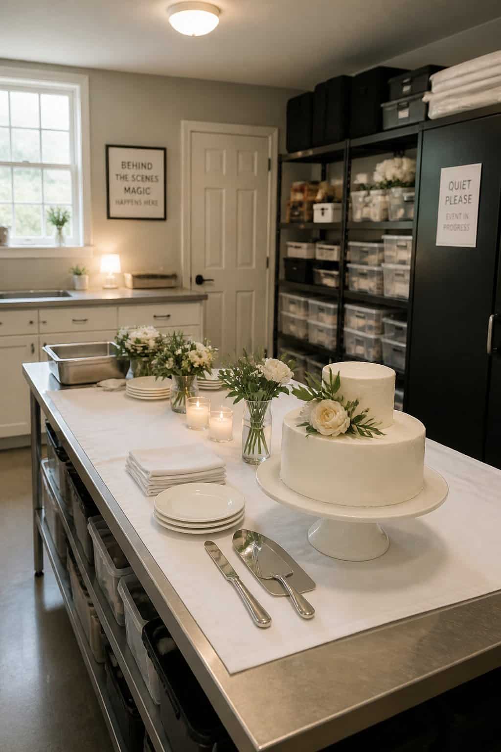 A clean side room with a folding prep table, a covered cake stand against the wall, and a rolling cart with trays and supplies organized in labeled sections