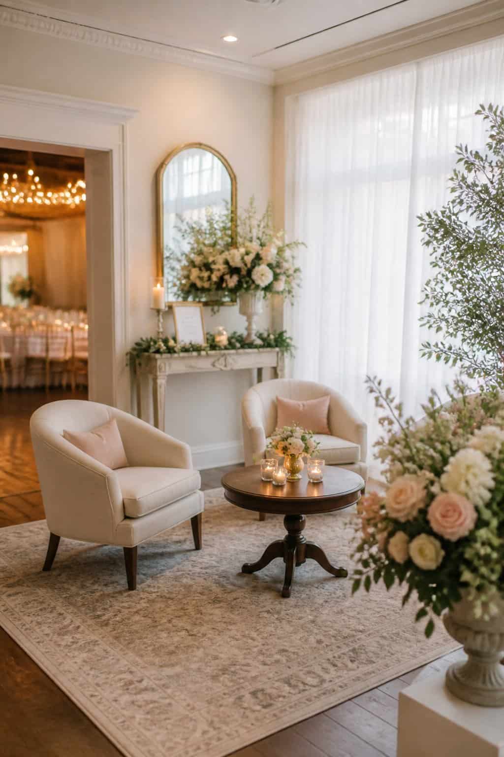 A softly lit staging room with a small vintage door frame wrapped in greenery, two low ivory sofas, warm string lights overhead, and a standing oval mirror near the corner