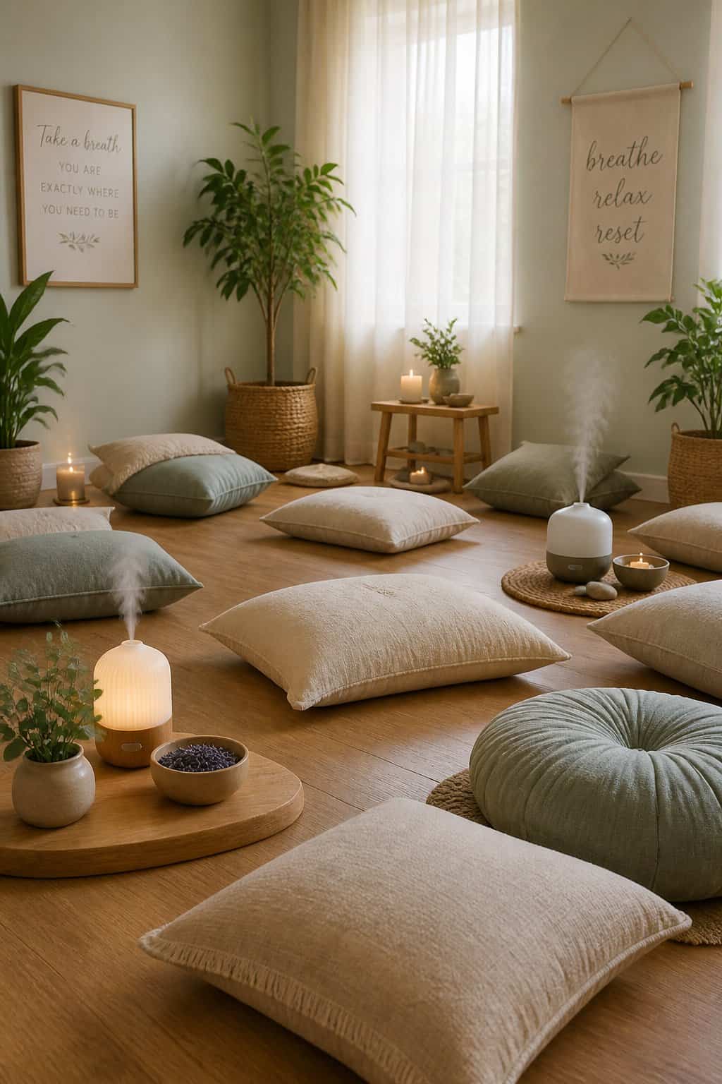 A low-lit room with a large wool area rug, four oversized floor pillows in natural linen, a small wooden diffuser on a low table, and two potted trailing plants in terracotta pots