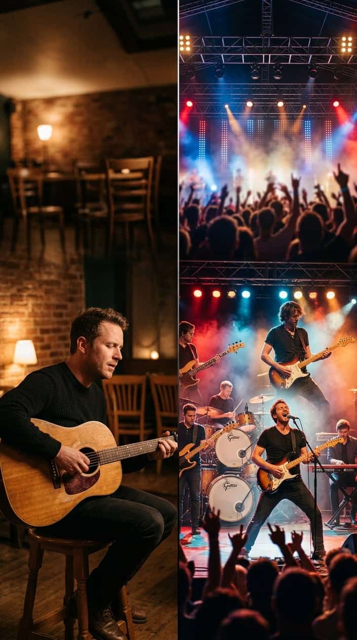 Split image showing a musician playing an acoustic guitar beside a candlelit microphone stand on one side, and a full wedding band with drum kit and keyboard visible on the other.