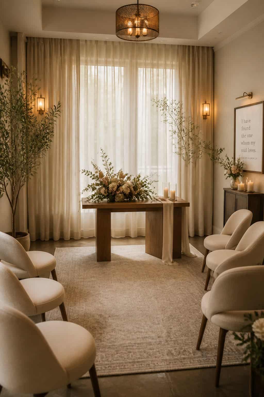A small parlor set up for an intimate wedding ceremony with a wooden altar, soft floral decorations, and upholstered chairs arranged in a close semicircle