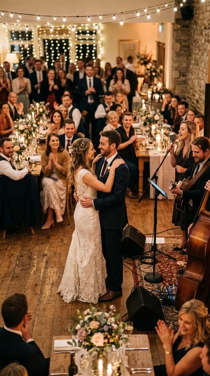 A bride and groom share their first dance at a wedding reception with live musicians performing nearby on a small stage, guests watching from chairs arranged in a soft arc around them.
