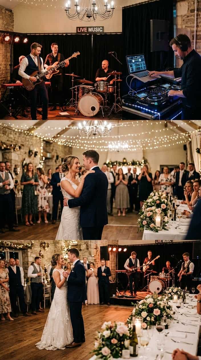 A couple sharing their first dance at a wedding reception with a live four-piece band performing in the background, a DJ booth with mixing equipment visible to one side.