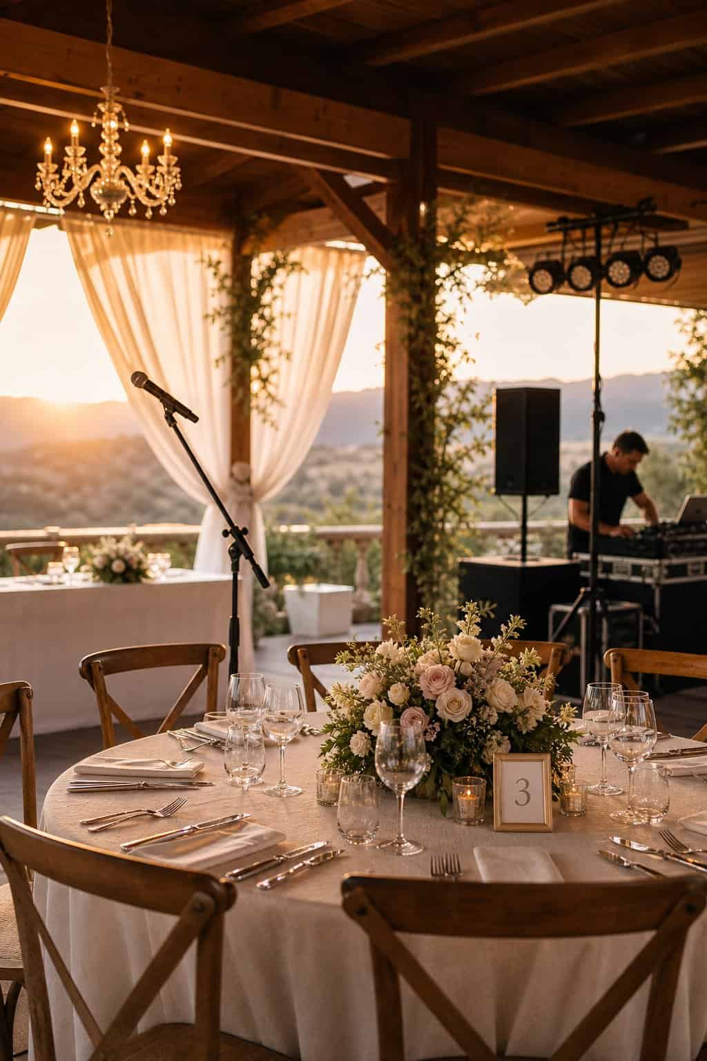 An empty wedding venue with decorated tables and chairs, a microphone on a stand, and a technician adjusting audio equipment during a quiet moment before the reception.