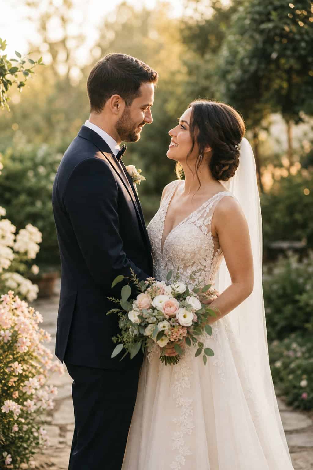 A bride and groom sharing a tender moment outdoors during their wedding first look, surrounded by greenery and soft natural light.